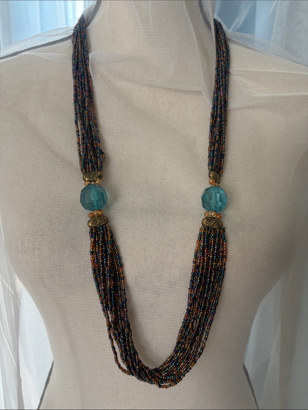 Multistrand Multicolored seed Beaded Necklace with Teal Glass Accents 18”